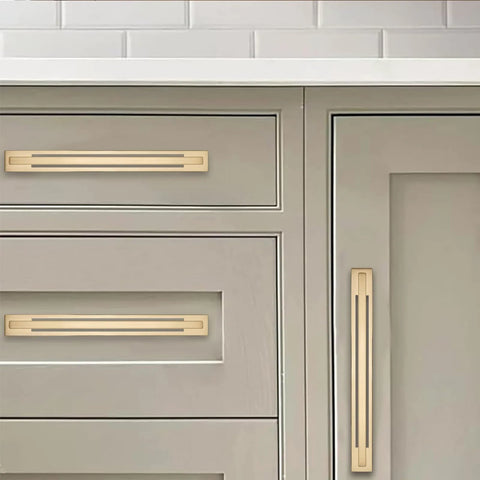 5 Pack 5 Inch Center To Center Champagne Bronze Cabinet Pulls With Matching Backplates on gray kitchen cabinets