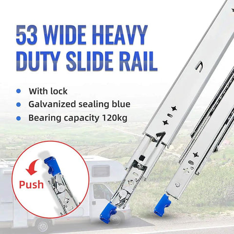 Heavy Duty Full Extension Drawer Slides Built Rock Solid With Cold Rolled Steel Runners And Double Row Ball Bearings Gliding Like Butter While Handling Massive Loads Without Breaking A Sweat - 53 inch wide slide rail with lock and blue accents.
