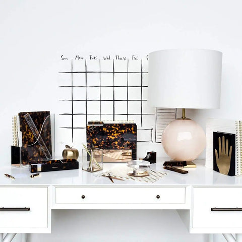 Thick File Folders Set Of 6 With Tortoise Print for office use on a stylish desk with lamp and calendar backdrop.