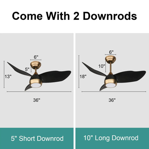 36 Inch Quiet DC Motor Ceiling Fan With 6 Speeds, Dimmable LED Light, Remote Control, 3 Blades, Sleek Black Gold Finish shown with short and long downrods