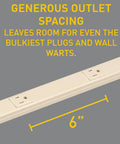 Generous outlet spacing on Ivory Wall Mount Power Strip With 6 Outlets 3 Foot Steel Under Counter Cable Management Center For Kitchen Or Home Office Easy Install Durable 120V Surge Ready Keeps Cords Tidy And Devices Plugged In.