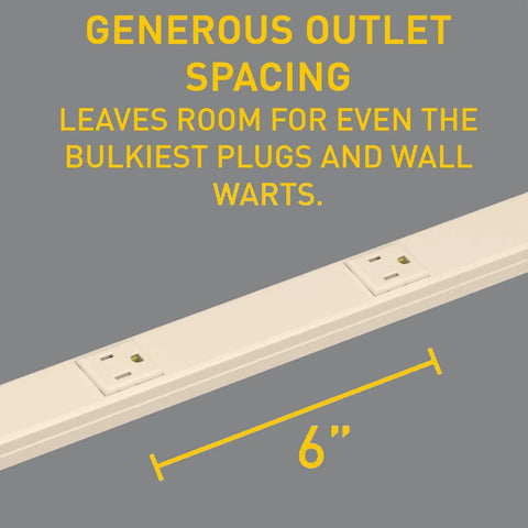 Generous outlet spacing on Ivory Wall Mount Power Strip With 6 Outlets 3 Foot Steel Under Counter Cable Management Center For Kitchen Or Home Office Easy Install Durable 120V Surge Ready Keeps Cords Tidy And Devices Plugged In.
