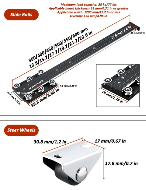 Heavy Duty Soft Close Drawer Slides With Bottom Mount Track Glides For Cabinets And Dressers, 600 mm slide rails with steer wheel