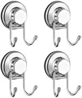Powerful Vacuum Suction Cup Hooks for Shower and Bathroom on Flat Smooth Surfaces Like Ceramic Tile Glass Mirror Granite and Stainless Steel NeverRust Black 4 Pack Great for Towels Robes and Coats with Strong Hold and Easy Non Marking Installation, shown in silver, set of four.