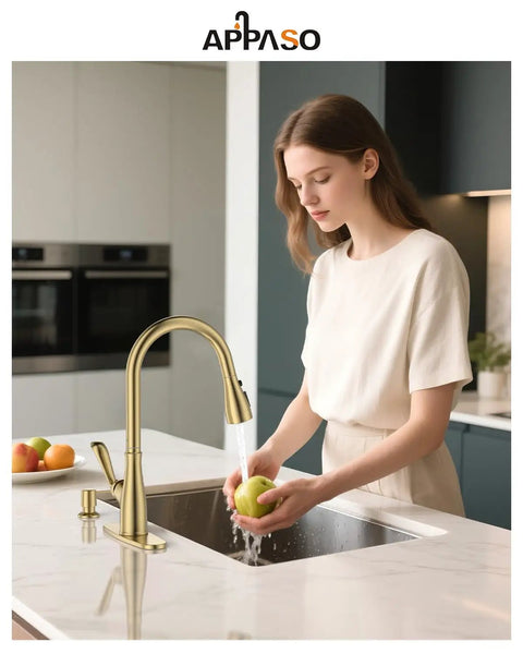 Patented Kitchen Faucet With Pull Down Sprayer And Soap Dispenser, Single Handle, Stainless Steel Brushed Nickel Finish, High Arc Pull Out Design With Deck Plate, Heavy Duty Ceramic Cartridge, 500000 Cycle Tested For Long Lasting Performance