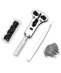 168 Piece Watch Repair Tool Kit with Spring Bar Tools, back removal tool, tweezers, pins, and screws, flat lay angle.