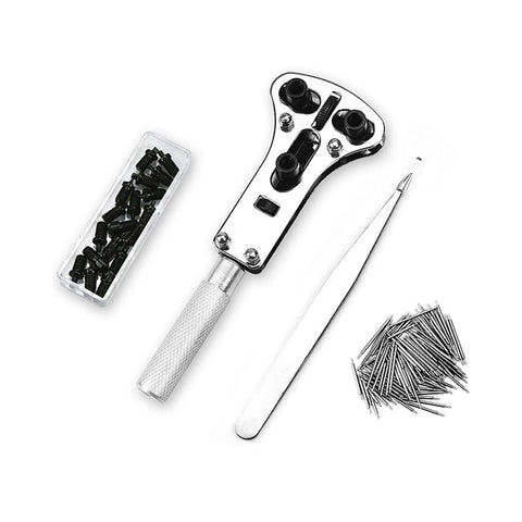 168 Piece Watch Repair Tool Kit with Spring Bar Tools, back removal tool, tweezers, pins, and screws, flat lay angle.