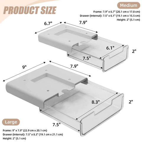 Two Pack Under Desk Storage Drawers With Smooth Slide Out Glides And Pick Either Adhesive Or Screw Mount Setup To Flex Your Workspace Without Breaking A Sweat Keep Clutter Gone For Your Daily Grind Survival size measurements for medium and large versions