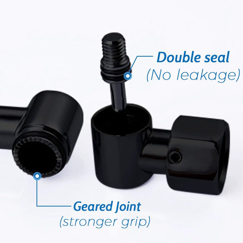 13 Inch Shower Head Extension Arm With Solid Brass Construction, showing matte black geared joint and double seal for no leakage