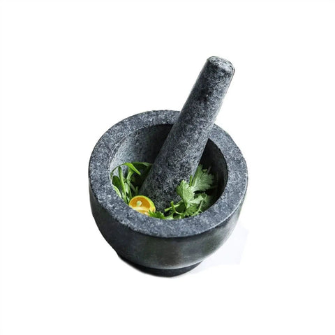 Granite Mortar And Pestle Set For Grinding Spices And Herbs Like A Boss, Natural Non Porous Stone with herbs inside