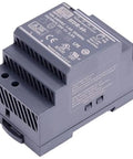 Straight Up Heavy Duty 60 Watt 48 Volt Din Rail Switching Power Supply With Adjustable Output High Efficiency Wide Operating Temp Range For Shop Projects And Gear angled view highlighting ventilation and terminal connections.