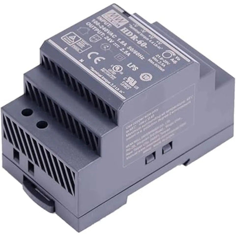 Straight Up Heavy Duty 60 Watt 48 Volt Din Rail Switching Power Supply With Adjustable Output High Efficiency Wide Operating Temp Range For Shop Projects And Gear angled view highlighting ventilation and terminal connections.
