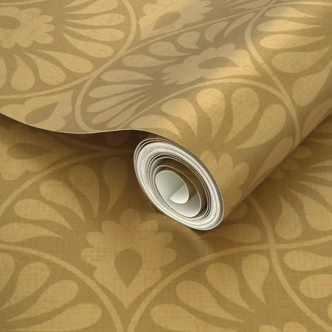 Glow Up Your Space With Top Shelf Abstract Scalloped Gold Metallic Wallpaper For Modern Interiors Eco Friendly PVC Free Wallcoverings Made In America Paste The Wall Ready, showing roll with scalloped gold pattern.