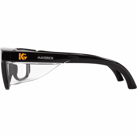 Side view of V30 Maverick Safety Glasses with Anti Fog Coating Clear Lenses Black Frame Unisex Eye Protection 99.9 Percent UVA UVB UVC Coverage ANSI Z87 Polycarbonate Lenses