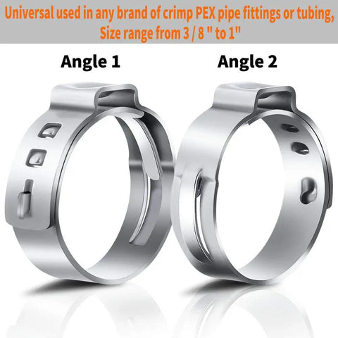 Heavy Duty 3/4 Inch PEX Cinch Clamps Set With 304 Stainless Steel Crimp Rings, two angles shown, leak-proof pipe connections