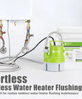 Heavy-Duty Tankless Water Heater Flushing Kit With Powerful Circulation Pump And Durable Stainless Steel Hoses, including 3-gallon bucket.