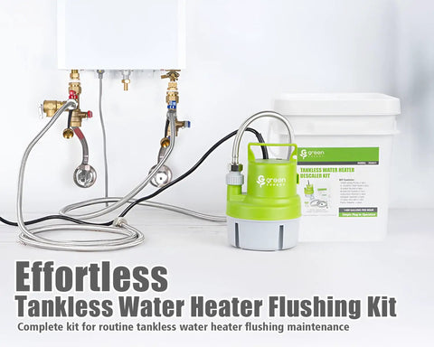 Heavy-Duty Tankless Water Heater Flushing Kit With Powerful Circulation Pump And Durable Stainless Steel Hoses, including 3-gallon bucket.