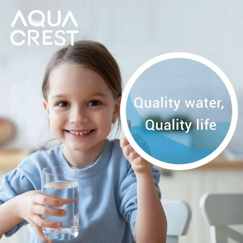 Smiling child holding a glass of water with Aqua Crest logo, promoting quality water for under sink water filter systems.