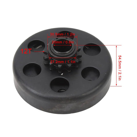 Heavy Duty Centrifugal Clutch For Go Kart And Mini Bike With 12 Tooth Sprocket And 20mm Bore Metal Alloy, showing gear and measurements.