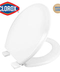 Round Wood Toilet Seat With Easy Off Hinges, Wiggle Free Design, and Antimicrobial Protection Against Stains and Odors in white