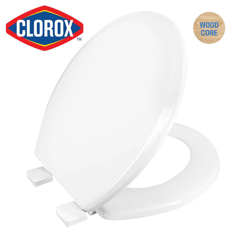 Round Wood Toilet Seat With Easy Off Hinges, Wiggle Free Design, and Antimicrobial Protection Against Stains and Odors in white