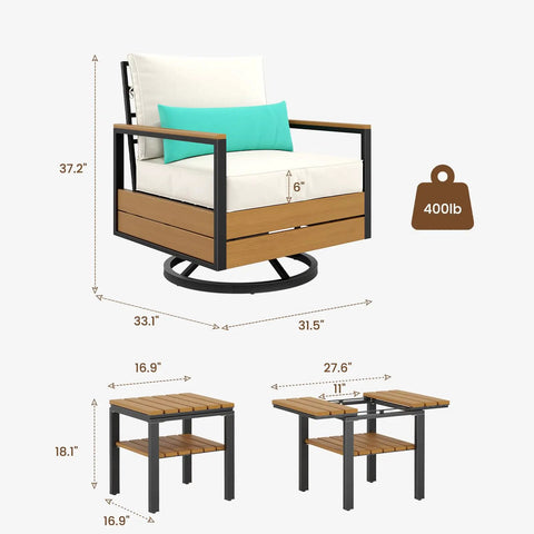 Three Piece Outdoor Bistro Set With 360 Swivel Rocking Chair And Two Tier Solid Acacia Wood Sliding Coffee Table White Six Inch Cushions For Backyard Or Poolside Vibes shown with measurements and weight capacity.