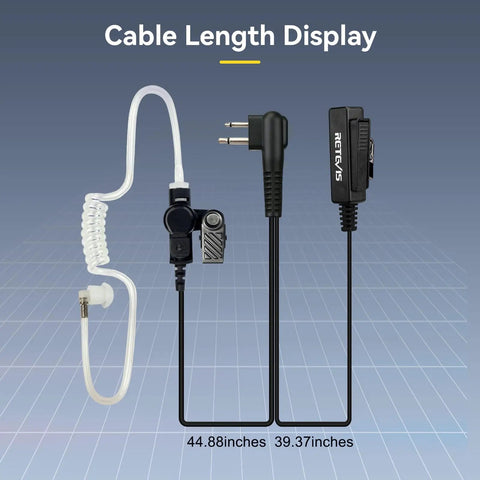 Covert Tube Earpiece With Mic For Walkie Talkies M Head 2 Pin Full Size PTT Surveillance Headset 5 Pack Compatible With Motorola CP100D cable length display.