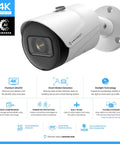 4K Ultra HD Outdoor Bullet Security Camera IP PoE 8MP 3840x2160 98ft Night Vision 125 Degree Field Of View IP67 Weatherproof