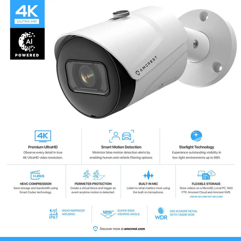 4K Ultra HD Outdoor Bullet Security Camera IP PoE 8MP 3840x2160 98ft Night Vision 125 Degree Field Of View IP67 Weatherproof