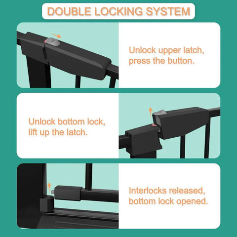 Walk Through Narrow Baby Gate 29.53 to 32.28 Inches Adjustable Black Metal Gate for Doorways and Stairs Pressure Mounted Easy Install Safety Gate with Door for Kids and Pets double locking system diagram