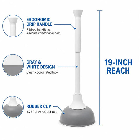 Slick Modern Toilet Plunger With 19 Inch Handle And Gray Rubber Cup Kicks Clogs Fast And Features A Snazzy Three Piece Design. Ergonomic handle.
