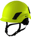 Boss Level Safety Helmet With EPS Foam Liner And Tough PC ABS Shell With UV Inhibitors, Hi Viz Yellow, Integrated Chinstrap, Side View