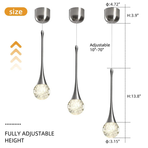 Three Pack 12W Adjustable Led Bubble Glass Orb Pendant Lights For Kitchen Island And Vanity Mounts In Brushed Nickel Finish, modern design