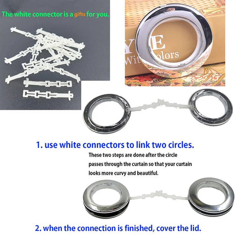 20 Pack Curtain Grommet Kit With 1.7 Inch Inner Diameter Silencer Sliding Brown ABS Grommets shown with connectors for installation.