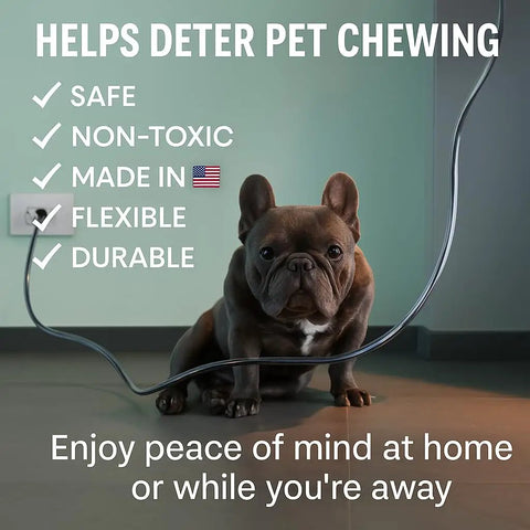 XL 20 Feet Heavy Duty Pet Cord Protector For Tough Chewers Dogs And Cats Keeps Them From Chewing Insulated Wires Unscented Odorless Clear Cable Guard For Home Office And Travel showed with dog