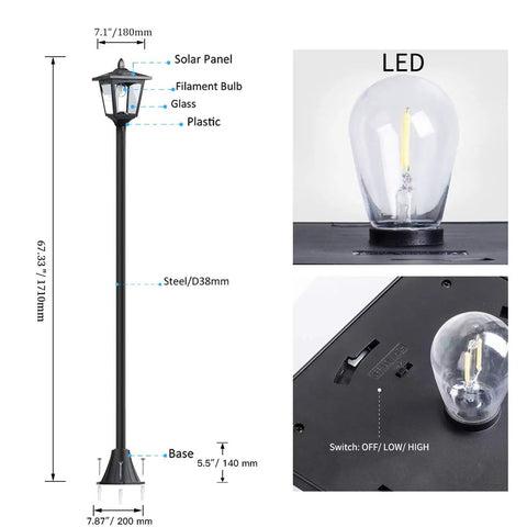 Outdoor Solar Post Lights 67 Inch Vintage Street Lamps with dimensions, LED bulb, and switch details for garden use.