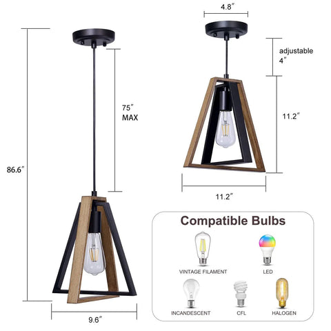 Farmhouse Pendant Light Kit Two Pack with Adjustable Hanging Lights for Kitchen Island Black and Wood Rustic Fixture size and bulb options