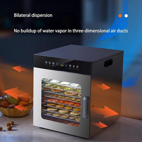 Heavy Duty 40 Tray Food Dehydrator With A Rock Solid 2400W Motor and Pinpoint 30 To 90 Degree Celsius Control, showing food drying interior and controls.
