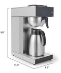 Workhorse Commercial Drip Coffee Maker With 12 Cup Capacity And 74 Ounce Thermal Carafe In Stainless Steel For Busy Kitchens And Offices Model SFCB1AA shown from side view.