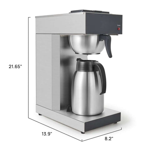 Workhorse Commercial Drip Coffee Maker With 12 Cup Capacity And 74 Ounce Thermal Carafe In Stainless Steel For Busy Kitchens And Offices Model SFCB1AA shown from side view.