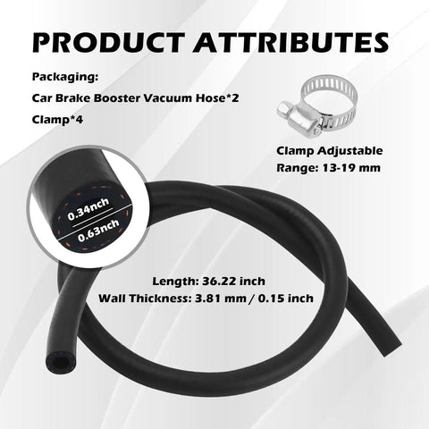 2 Pack 11/32 Inch By 36 Inch Car Brake Booster Vacuum Hose Kit With Clamps, soft rubber, 0.34 in ID, 0.63 in OD, 300 PSI