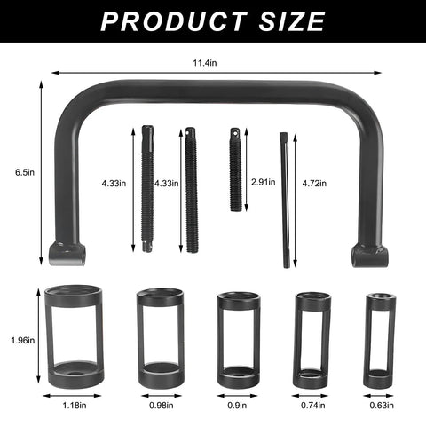 Valve Spring Compressor C Clamp Service Kit dimensions and components displayed with extension rods and adapters