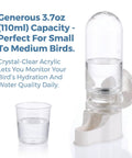 Hassle Free Automatic Bird Water Dispenser With Hanging Cage Mount For Parakeets Plus Small Flocks Featuring Leak Proof Self Refilling Trough And Zero Drama Leak Control In White Two Pack showing 110ml clear container with water.