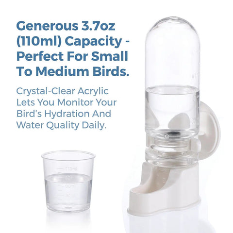 Hassle Free Automatic Bird Water Dispenser With Hanging Cage Mount For Parakeets Plus Small Flocks Featuring Leak Proof Self Refilling Trough And Zero Drama Leak Control In White Two Pack showing 110ml clear container with water.