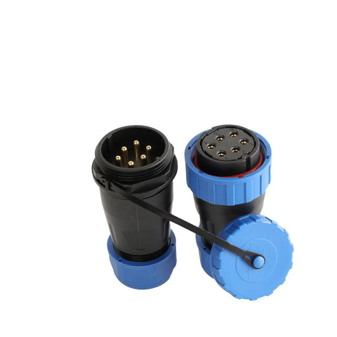 TY28 Waterproof Docking Connector 6 Pin Panel Mount, black and blue components, shown detached for control panels and portable devices.