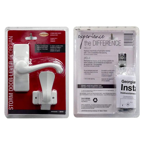 Packaging of White Storm Door Lever Handle With Surface Mount Hardware Georgian Style Lever For Wood Metal Or Vinyl Doors