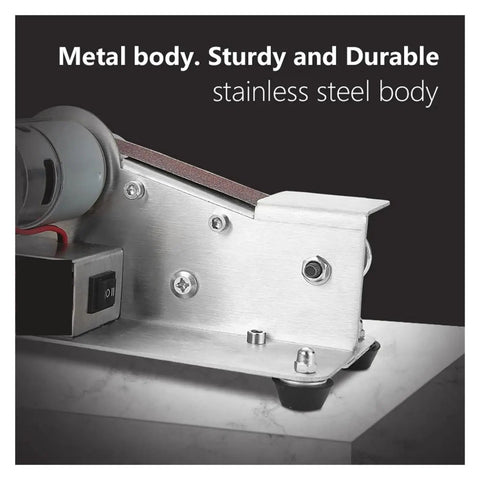Mini Electric Belt Sander For Desktop Diy Polishing And Grinding Machine With Adjustable 7 Speed Control For Wood And Metal Projects Compact multifunctional tool with stainless steel body.