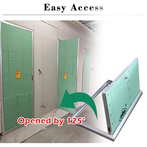 Tough Recessed Access Door 3 Pack With Solid Aluminum Frame Paintable Inspection Panel For Ceilings And Walls Fire Rated Gypsum Board Effortless Install No Sweat Finish For HVAC Plumbing And Electrical Upgrades 44 X 48 Inch, showing opened door at 125 degrees.