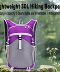 Purple and gray lightweight backpack with white accents on a forest background