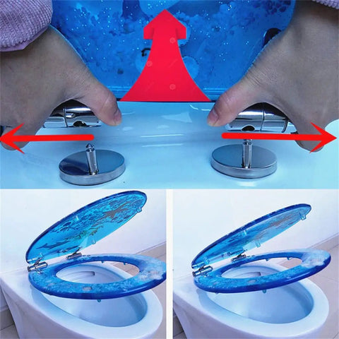 Universal Resin Toilet Seat Featuring Ultra Smooth Slow Close Lid And Quick Pop Cover Rock Solid Fade Resistant Build For Zero Fuss Upkeep And Total Comfy Wins All Day, showing hands adjusting the slow close hinge.